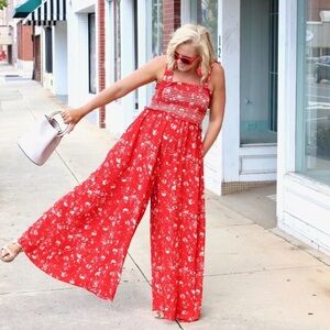 Free People Color My World Red Floral Wide Leg Jumpsuit XS Boho Festival Smocked